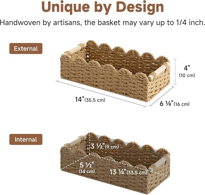 StorageWorks Toilet Paper Storage Basket, Toilet Basket with Wooden Handles | Scalloped Wicker Basket for Living Room, Decorative Scalloped Baskets for Storage, Wicker Baskets for Organizing and Decor