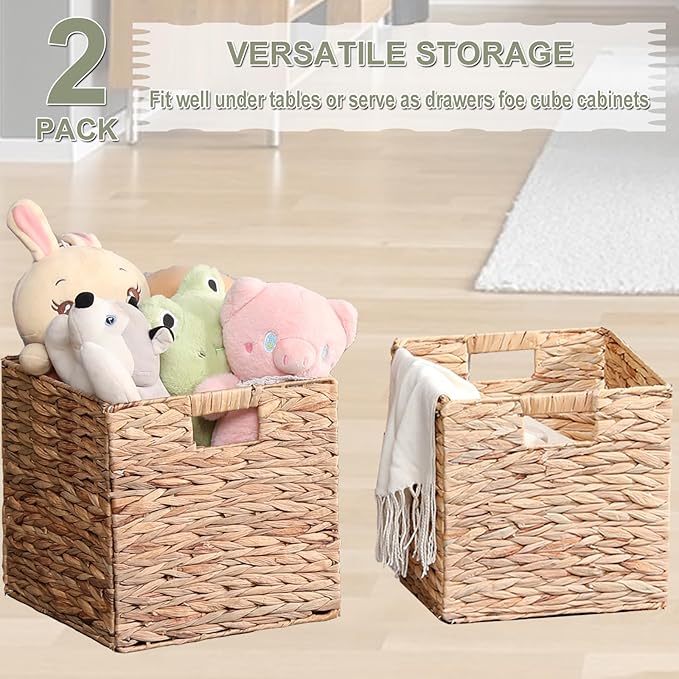 LYJWOO6D Water Hyacinth Storage Baskets 11x11x11 Inch Set of 2 | Handwoven Foldable Wicker Cubes with Sturdy Handles, Rustic Laundry Organizer for Bedroom Shelves, Kitchen, Bathroom