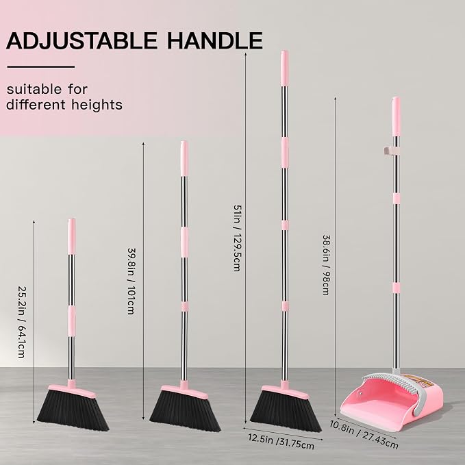 2-Pack Broom with Dustpan Combo Set, Hand Broom and Dustpan Set for Sweeping Indoor Angle Broom for Home Office Kitchen Lobby Floor Pet Hair Indoor&Outdoor Cleaning (Pink&Gray)(2-Pack)