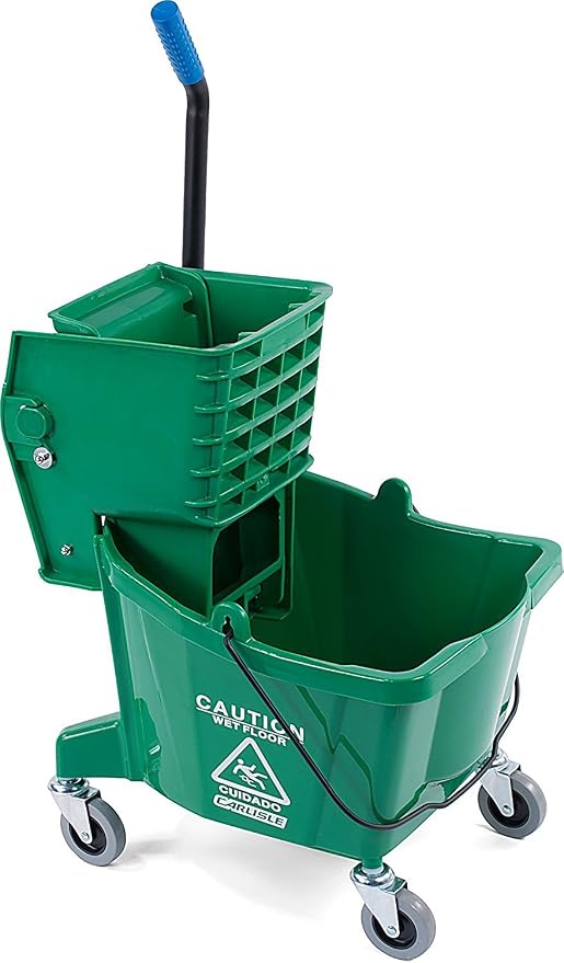 Carlisle FoodService Products 26 Qt Mop Bucket with Side Wringer, Green | 18.5 x 16.5 x 16.5 in, 34.25-in Handle, Polypropylene, 50,000-Cycle Wringer, Non-Marking Casters, Assembly Required