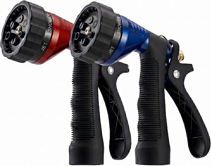 Water Hose Nozzle 2-Pack, Zinc Alloy Garden Spray Nozzle with Adjustable Spray Patterns, Leakproof Rustproof Trigger Lock for Outdoor Cleaning & Car Wash, Blue & Red
