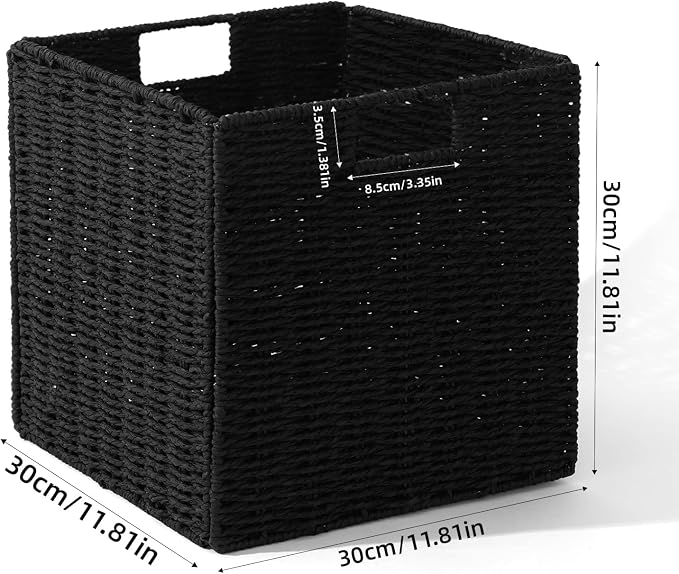 Set of 2 Hand-Woven Paper Rope Wicker Baskets,12x12x12in Storage Basket, Foldable Cube Storage Bins, Black Storage Cubes, Square Baskets for Organizing Shelves Decor