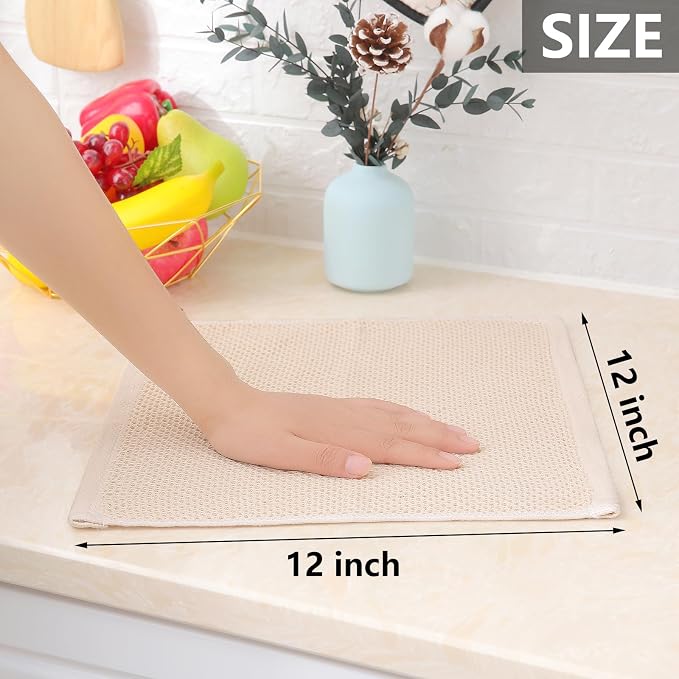 Homaxy 100% Cotton Waffle Weave Kitchen Dish Cloths 12-Pack, Beige | 12 x 12 Inches, Ultra Soft Absorbent Dish Towels, Quick Drying Dish Rags with Hanging Loop