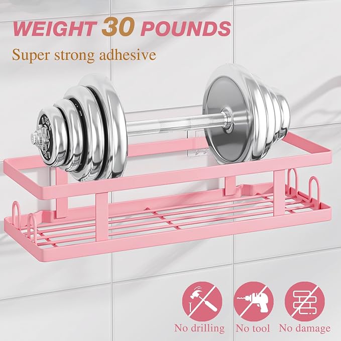 Youvip Pink Shower Caddy, 3 Pack | Shower Shelves, Stronger Adhesive, Soap Holder and 12 Hooks, No Drilling, Bathroom Organizer and Storage