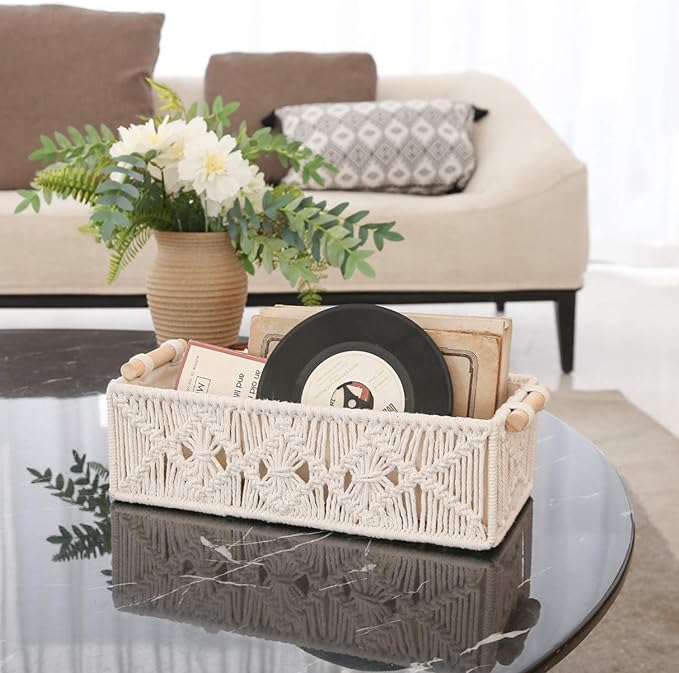 Mkono 2Pc Macrame Storage Basket, Boho Decor Toilet Paper Holder, Ivory | Small Baskets for Organizing, Hand-Woven, Bohemian Beach Coastal Decor, Shelf Vanity Cabinet Bedroom Living Room Office Dorm