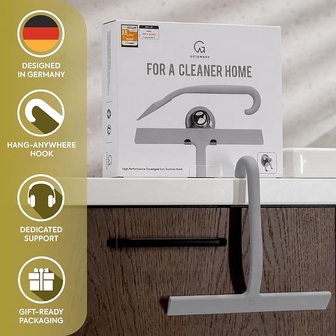 Shower Squeegee for Glass Doors, 10″ Gray with No-Drill J-Hook | Hang Anywhere Without Adhesive, Seamless One-Piece Silicone, Encased Steel Core, Streak-Free Shower Squeegee for Glass & Tile