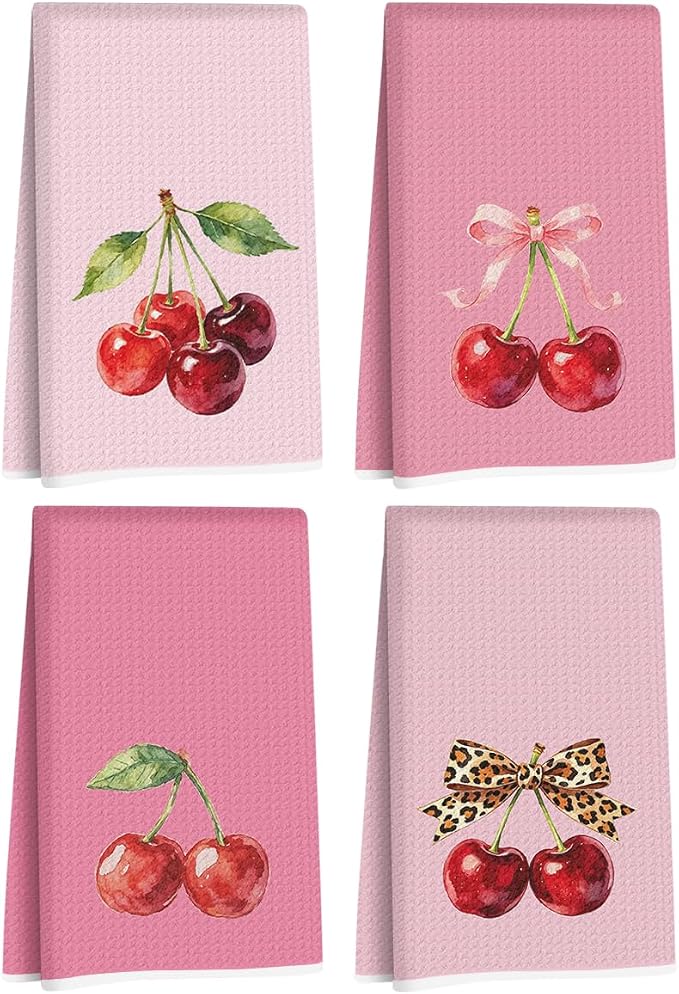 4 Pcs Cherry Hand Towels for Bathroom, Pink Preppy Bow Reusable Dish Towels | Waffle Weave Hand Cloth Tea Towel for Kitchen Bathroom Decor, Cherry Gifts for Women Friend 24x14 Inch