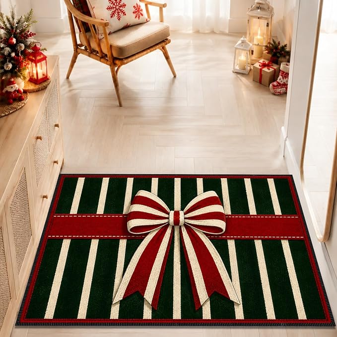 Christmas Bow Rug 15.7x23.6 in, Faux Cashmere Non Slip Floor Mat (Striped Bow, 15.7x23.6inch)