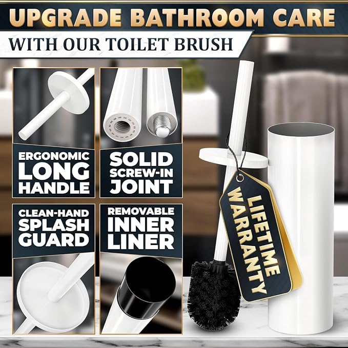 2Pcs Stainless Steel Toilet Brush and Holder Set, Hand Guard (White) | Toilet Bowl Brush and Holder, Removable Inner Bowl, Dense Bristles, Long Handle, Scratch Resistant, for Modern Bathrooms