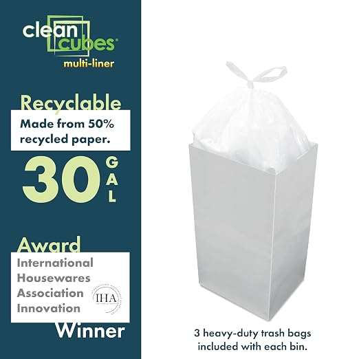 Clean Cubes 30 Gallon Multi-Liner Pop-Up Trash Cans, 3-Pack (Gray) | 3 Stacked Liners Per Bin, 9 Uses Per Pack, Swap Liners Without Touching Trash, No Assembly, Designed to Be Seen, Not Hidden