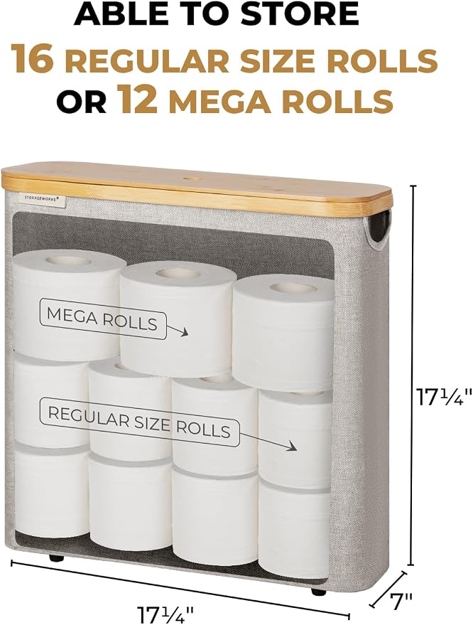 StorageWorks Toilet Paper Storage Basket with Bamboo Lid & Window | See Rolls at a Glance with Clear Window, Holds 16 Regular or 12 Mega Rolls for Bathroom Toilet Paper Storage, Grey