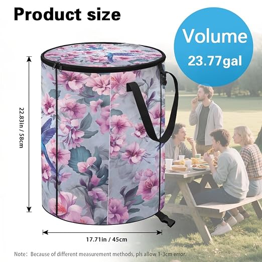 BIGCARJOB Hummingbird Outdoor Trash Can Floral Garbage Bins Outside Pop Up Recycle Garbage Cans Collapsible Trash Can with Zipper Lid and Clip, 22.83x17.71 in