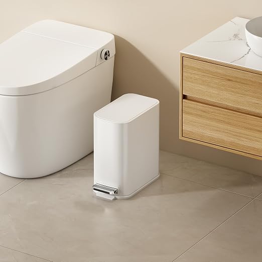 TIPGO Small Bathroom Trash Can with Lid Soft Close,1.3 Gallon, White | Step Pedal, Removable Inner Bucket, 5 Liter Slim Stainless Steel Garbage Can for Bedroom, Office, Kitchen