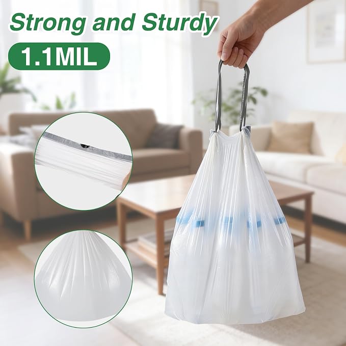 100 Counts 2.6 Gallon Trash Bag Drawstring Small Trash Bags, Thick Pre-separated Garbage Bags, Trash Bin Liners, Suitable for bathroom, kitchen, bedroom, office (White)