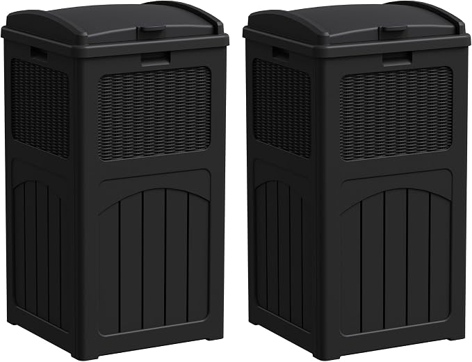 Greesum 33 Gallon Outdoor Trash Can with Lid (2-Pack), Dark Black | Heavy Duty Resin Garbage Bin, Waterproof & UV Resistant for Patio, Garden, Deck, Yard
