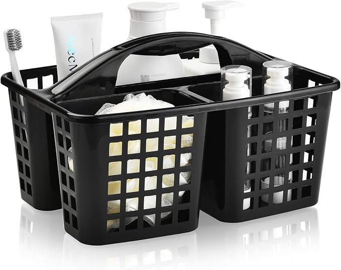 ALINK Plastic Shower Caddy Basket with Compartments, Portable Divided Cleaning Supply Storage Organizer with Handle for College Dorm Bathroom - Black