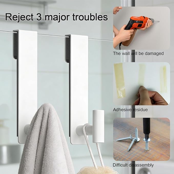 PMMASTO White 7.5 Inch Shower Door Towel Hook, Fits 3/8-Inch Glass | Heavy-duty Stainless Steel, Extended T-shaped Design, for Towels Bathrobes on Frameless Glass Shower Doors
