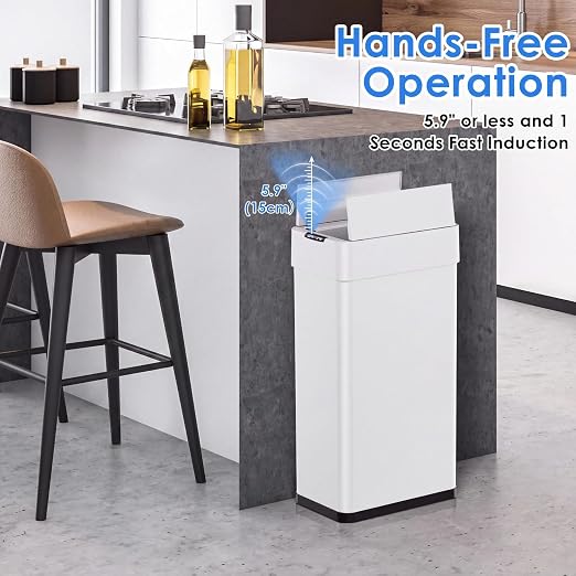 Arlopu 18.5 Gal Automatic Trash Can, 70L Motion Sensor Garbage Bin | Touchless Brushed Stainless Steel Wastebasket, W/Butterfly, Soft-Close Lid, for Living, Dinning Room, Kitchen (White)
