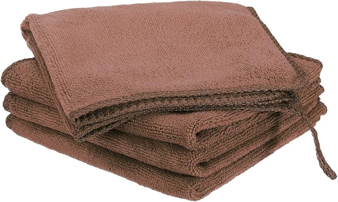 HARFINGTON 4 Pack Microfiber Cleaning Cloth, 10" x 10" Multi-Functional Cleaning Towels Reusable Absorbent Rags with Hook for Car Wash Kitchen Household Window Clean, Brown
