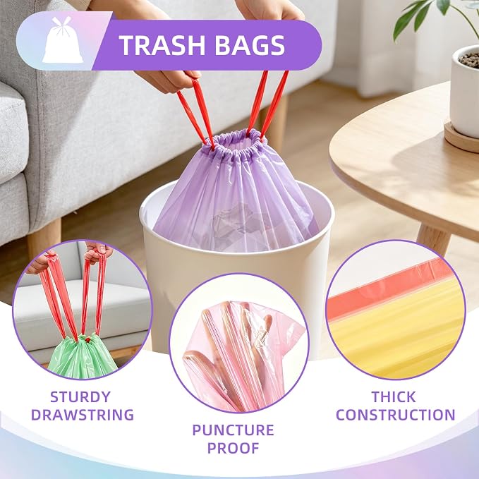 8 Gallon Trash Bags, 160 Count Drawstring Small Garbage Bags Thick Pre-separated Unscented Trash Can Liners for Bathroom Office Kitchen Bedroom Home Multi Colored
