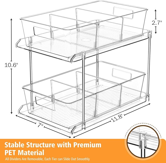 Fabspace Bathroom Under Sink Organizers and Storage, 2 Tier, 1 Pack | Clear Vanity Countertop Pull-out Cabinet Organizer, Stackable Multi-Purpose Kitchen Pantry Organization with Dividers