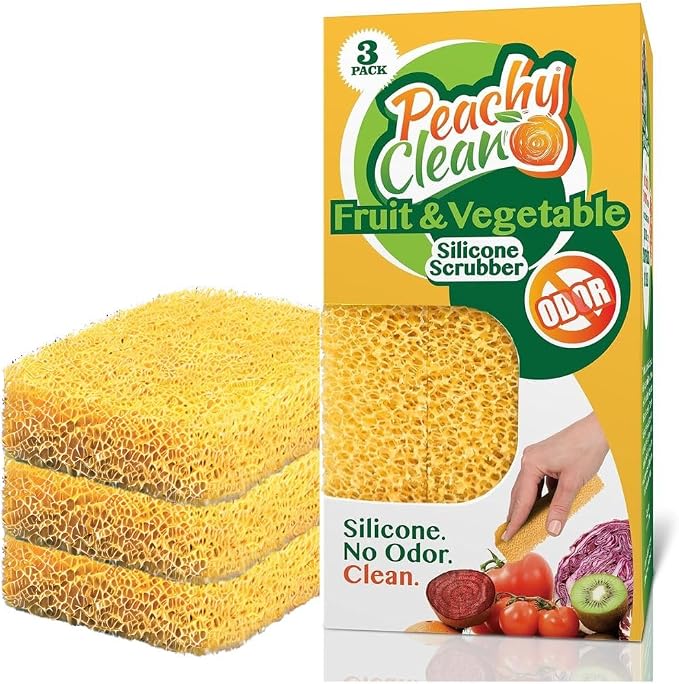 Peachy Clean Silicone Fruit & Vegetable Scrubber, Produce Cleaning Sponge, Reusable Food Scrubber for Fruits & Veggies, Made in USA (3-Pack)