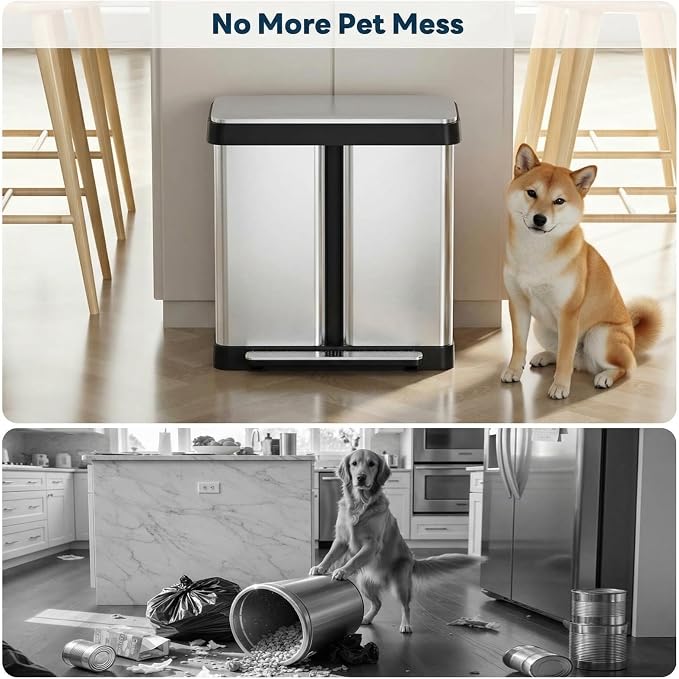 ComfyCorner 16 Gallon Dual Compartment Trash Can, Step-On Garbage Bin | Stainless Steel Hands-Free Recycling Rectangular Dustbin with Soft-close Lid, Removable Inner Buckets, for Kitchen Home