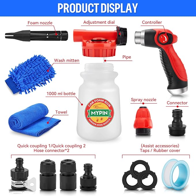 Car Wash Foam Gun/Hose Sprayer, 16 IN 1 Foam Cannon for Car/Garden Cleaning | Adjustable Sprayer with 2.5-6 Bars Foam Blaster, 1L Bottle, Nozzles, Mitten&Towel, 1/2” Quick Connector for Garden Hose