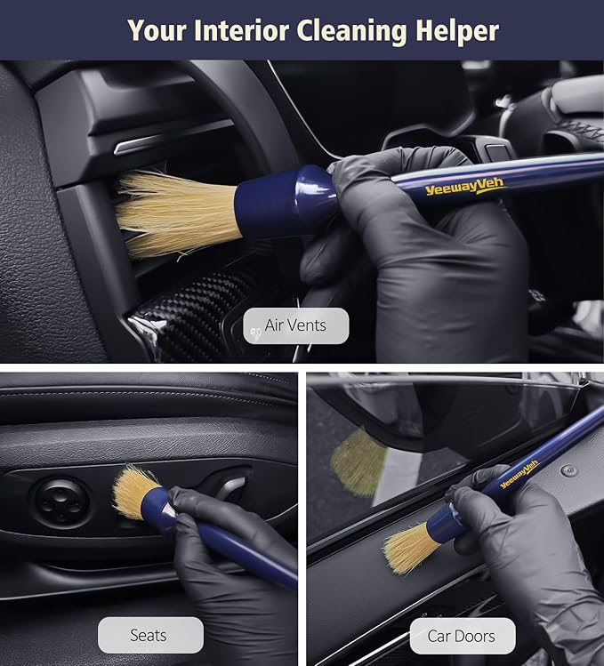 YeewayVeh 3PCS Car Detailing Brush Set, Boars Hair Bristles Brushes, Indigo | 3 Sizes Detail Brushes for Dashboard, Air Vents, Leather Seat & Dusting, Interior/Exterior Car Detailing