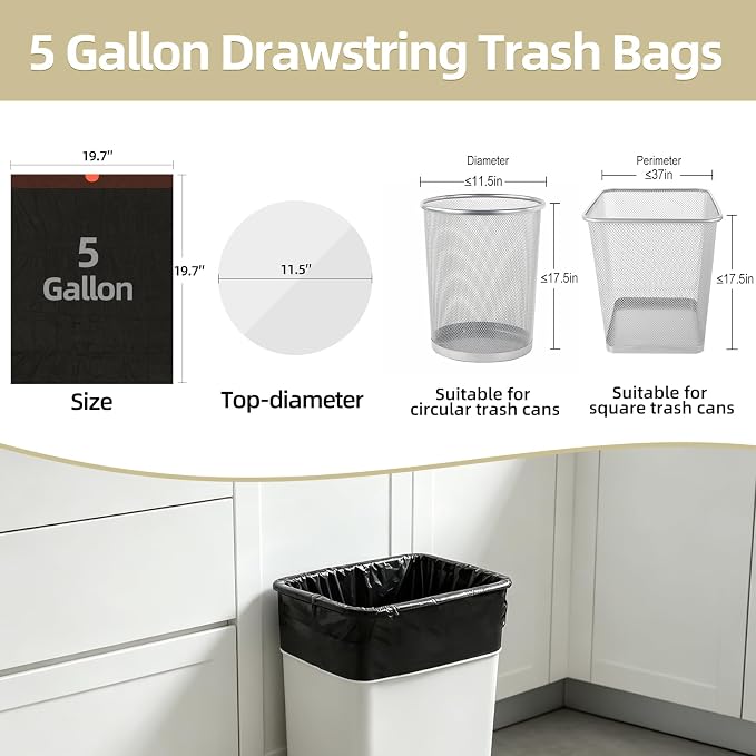 5 Gallon Trash Bags, 440 Count Black Trash Bags Drawstring Small Garbage Bags Thick Pre-separated Unscented Trash Can Liners for Bathroom Office Kitchen Bedroom Home