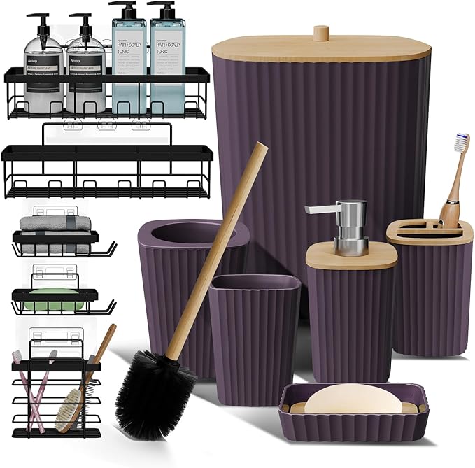 Clara Clark Bathroom Set - Purple Bathroom Accessories Set, 6PC Bathroom Accessory Set, Bathroom Sets with Adhesive Corner Shower Caddy Hanging, Toilet Brush, Trash Can & Soap Dispenser