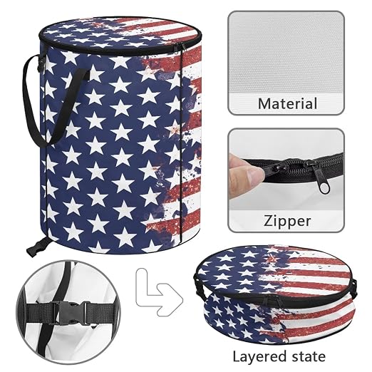 doginthehole 4th of July Decor Collapsible Trash Can with Lid Patriotic American Flag Trash Can 23 Gallon Waterproof Portable Outdoor Waste Bin for Car, Camping, Picnic, Independence Day Decorations