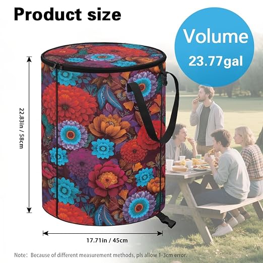 BIGCARJOB Hippie Floral Outdoor Trash Can Storage Collapsible Pop-up Recycle Trash Can 22.83x17.71 Waterproof Garbage Bin Bag with Lid and Clip
