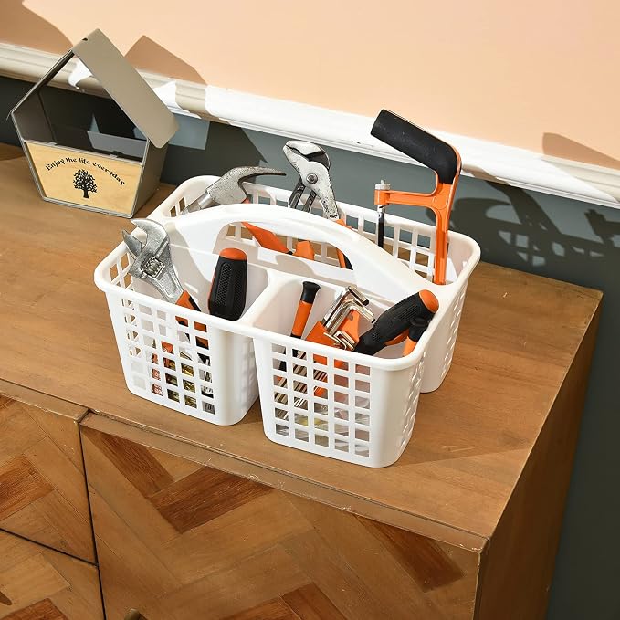 ALINK Plastic Shower Caddy Basket with Compartments, Portable Divided Cleaning Supply Storage Organizer with Handle for College Dorm Bathroom - White