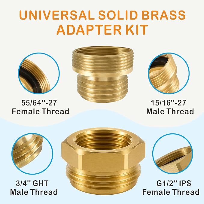 Shower Hose Adapter, Sink Faucet Adapter Kit to Garden Hose Adapter | Brass Sink Adapter, Threads: G1/2" Female, 55/64"-27 Female and 15/16"-27 Male to 3/4" GHT Male, with Washers and PTFE Tape