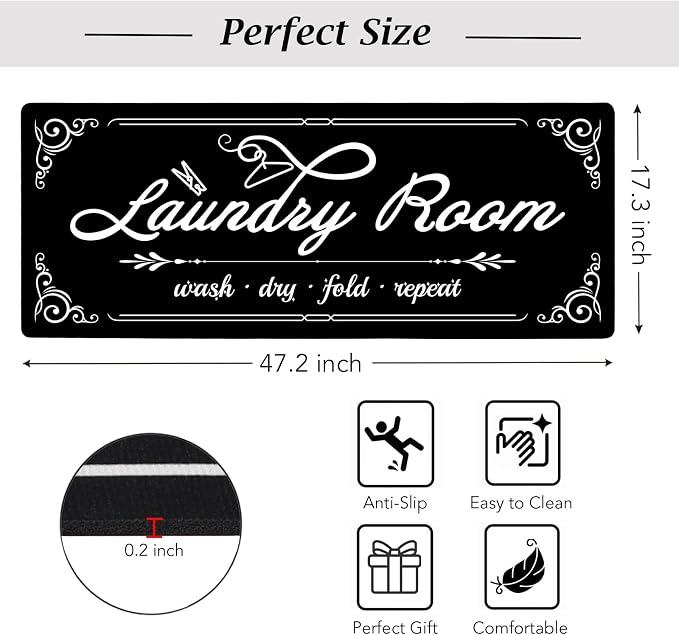Non-Slip Laundry Room Rug Runner 17.3"x47.2" Washable Floor Cushioned Rubber Carpet Black Bathroom Hallway Mudroom Kitchen Mat for Farmhouse Entryway Washroom Decor Accessories