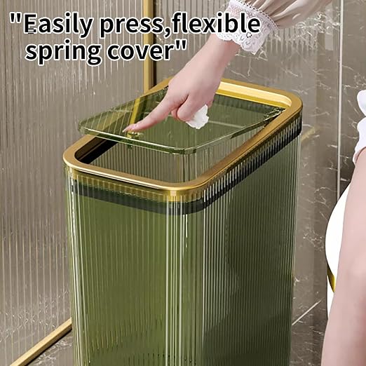Bathroom Trash Cans with Lids, 2.6 Gallon (Green) | Garbage Can for Bedroom, Office, Plastic Slim Waste Basket with Press Top Lid, 10L Clear Trash Bin for Home, Kitchen