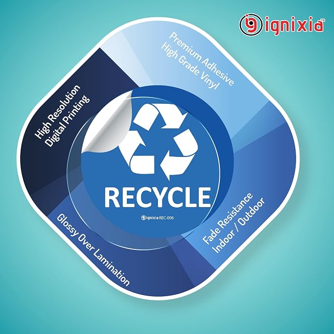 IGNIXIA Recycle Stickers for Trash Can 6x6 Inches Large (Pack of 2) Recycle Decals for Recycle Bins Waterproof UV Protected Recycling Stickers for Trash Can Indoor & Outdoor (Blue)