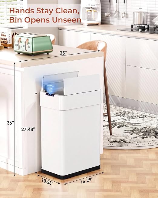 TLSUNNY 16 Gallon Automatic Trash Can, Motion Sensor Garbage bin | Stainless Steel Smart Trash Can W/ Butterfly Lid, Bag Retainer Ring for Living Room, Kitchen, Office (White, 60L)