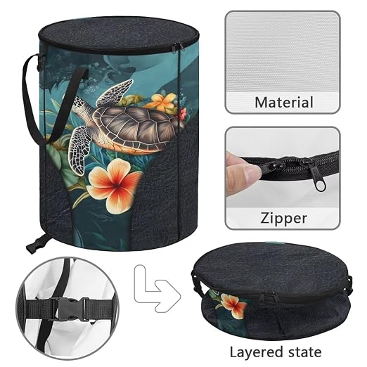 BIGCARJOB Flower Turtle Outdoor Trash Can Storage Collapsible Pop-up Recycle Trash Can 22.83x17.71 Waterproof Garbage Bin Bag with Lid and Clip