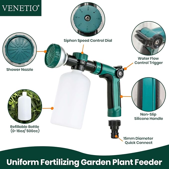 VENETIO 8-Dial Hose Attachment Spray Gun for Liquid Fertilizer/Soap | Precision Lawn & Garden Feeder for Uniform Fertilizing and Watering Plants | Hose-End Nozzle Sprayer with 16oz Bottle