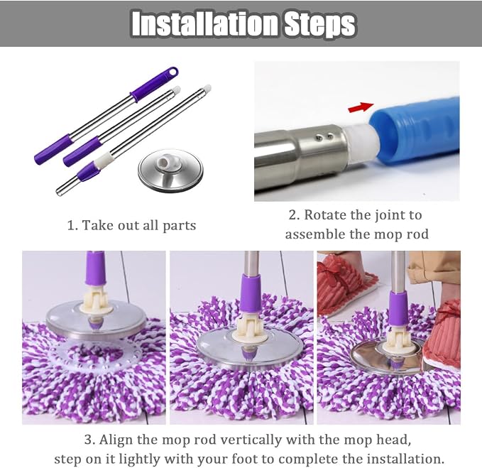 Spin Mop Replacement Mop Handle, 49-inch 360 Degrees Rotating Telescopic Replacement Mop Stick with Stainless Steel Disc for Spin Mop Bucket Cleaning System (Stainless Steel Disc, Red)