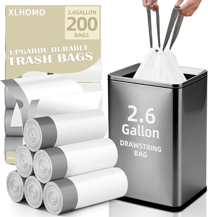 2.6 Gallon Trash Bags, 200 Count White Trash Bags Drawstring Small Garbage Bags Thick Pre-separated Unscented Trash Can Liners for Bathroom Office Kitchen Bedroom Home
