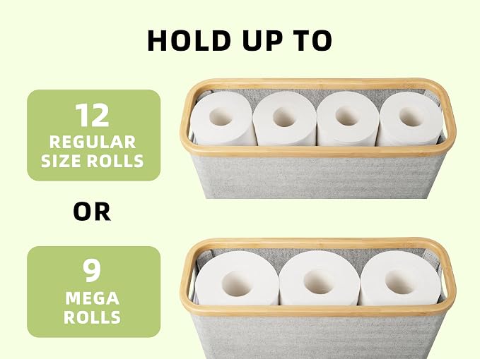 StorageWorks Toilet Paper Storage Basket with Bamboo Lid & Window | See Rolls at a Glance with Clear Window, Holds 12 Regular or 9 Mega Rolls for Bathroom Toilet Paper Storage, Grey