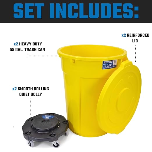 Magnum Yellow 55 Gallon Trash Can Set (Trash Can, Quiet Dolly, and Reinforced Lid), Construction Grade, Jobsite Ready, Non-Marking Wheels & Casters for Rolling Garbage CMTC-CLD0-55Y02 (2 Set)