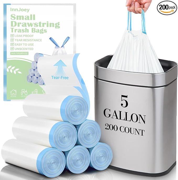 200 Count Small Trash Bags for 5-Gallon Trash Cans,Thick Pre-separated Garbage Bags,Mini Wastebasket can Liners for Bathroom Bedroom Office(White)