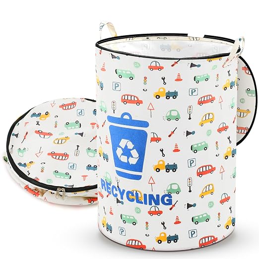 Jingmore 1 Pcs 30 Gallon Collapsible Trash Can Portable Reusable with Zippered Lid Garbage Can for Camping Parties Outdoor RV's Recycling, Yard Waste, Leaf Bag, Children Toy(Recycling Style)