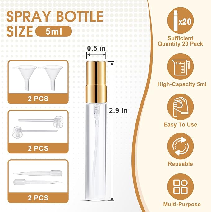 BESNEL Mini Glass Spray Bottle 20pcs 5ml Clear Perfume Spray Bottle Empty | Fine Mist Refillable Mini Perfume Spray Bottle, Perfume Atomizer, Travel Spray Bottle, Small Empty Sample Containers Portable