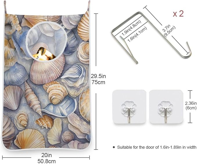 Hanging Laundry Hamper with Stainless Steel Hooks,Oxford Fabric Printing Door Laundry Clothes Bag, 29.5X20inch 2PCS Grey Shell Conch