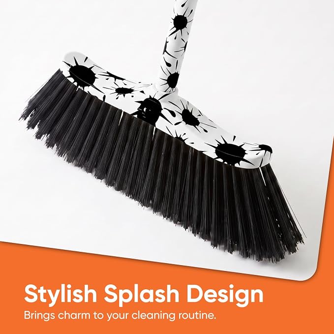 Superio Design Broom, Fancy Black and White Angle Broom, Cute Splash Design Kitchen Broom with Safety Bumper, 48" Indoor and Outdoor Sweeping Tool 2-Pack